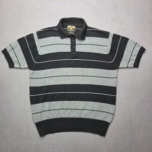 FB County Charlie Brown Polo Shirt Mens M Black Grey Striped Knit Short Sleeve